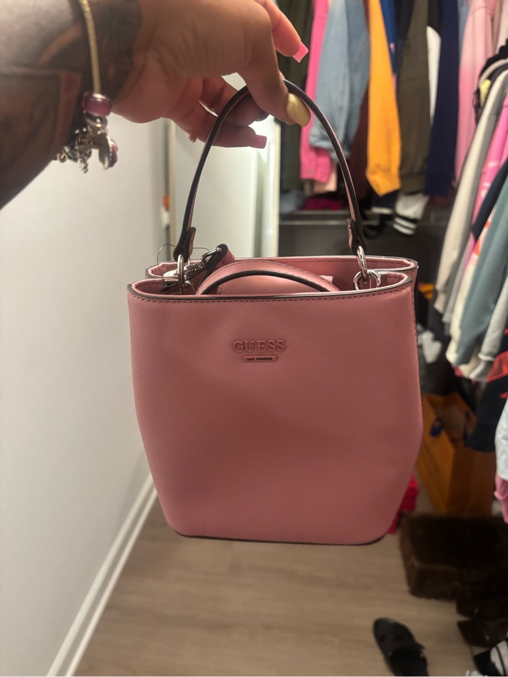 GUESS Pink Mini Saffiano Bucket Bag